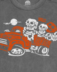 Spooky Haunted Hayride Graphic with Skeleton on a Truck on vintage wash grey crewneck sweatshirt made by Nurtured by Nature Studio