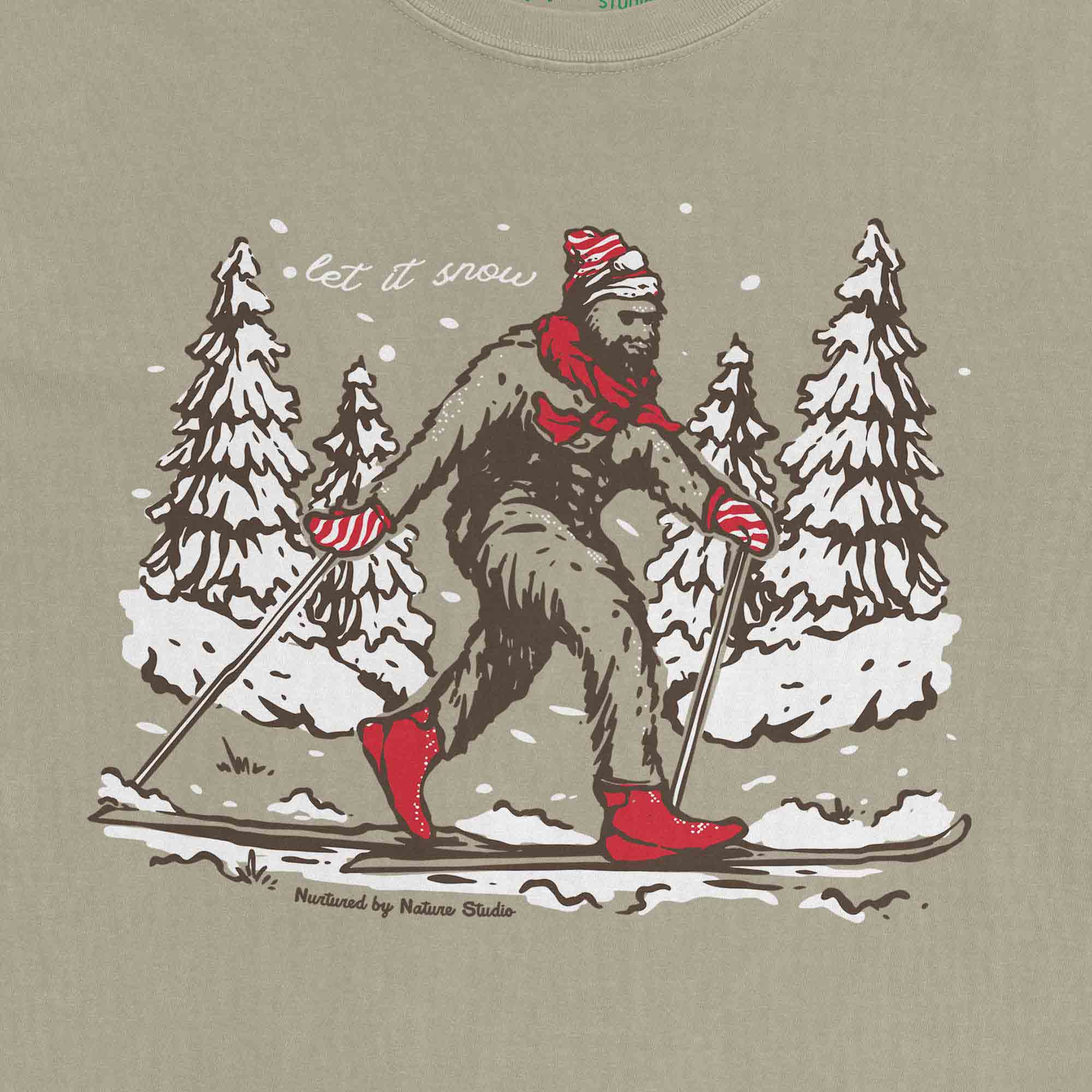 Let It Snow Skiing Bigfoot Sasquatch Graphic T-Shirt Nurtured by Nature Studio