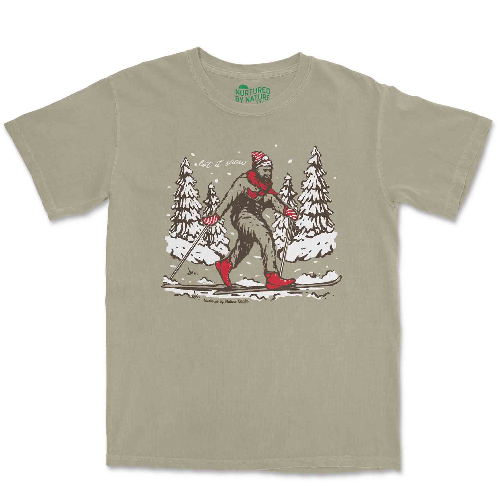 Let It Snow Skiing Bigfoot Sasquatch Graphic T-Shirt Nurtured by Nature Studio