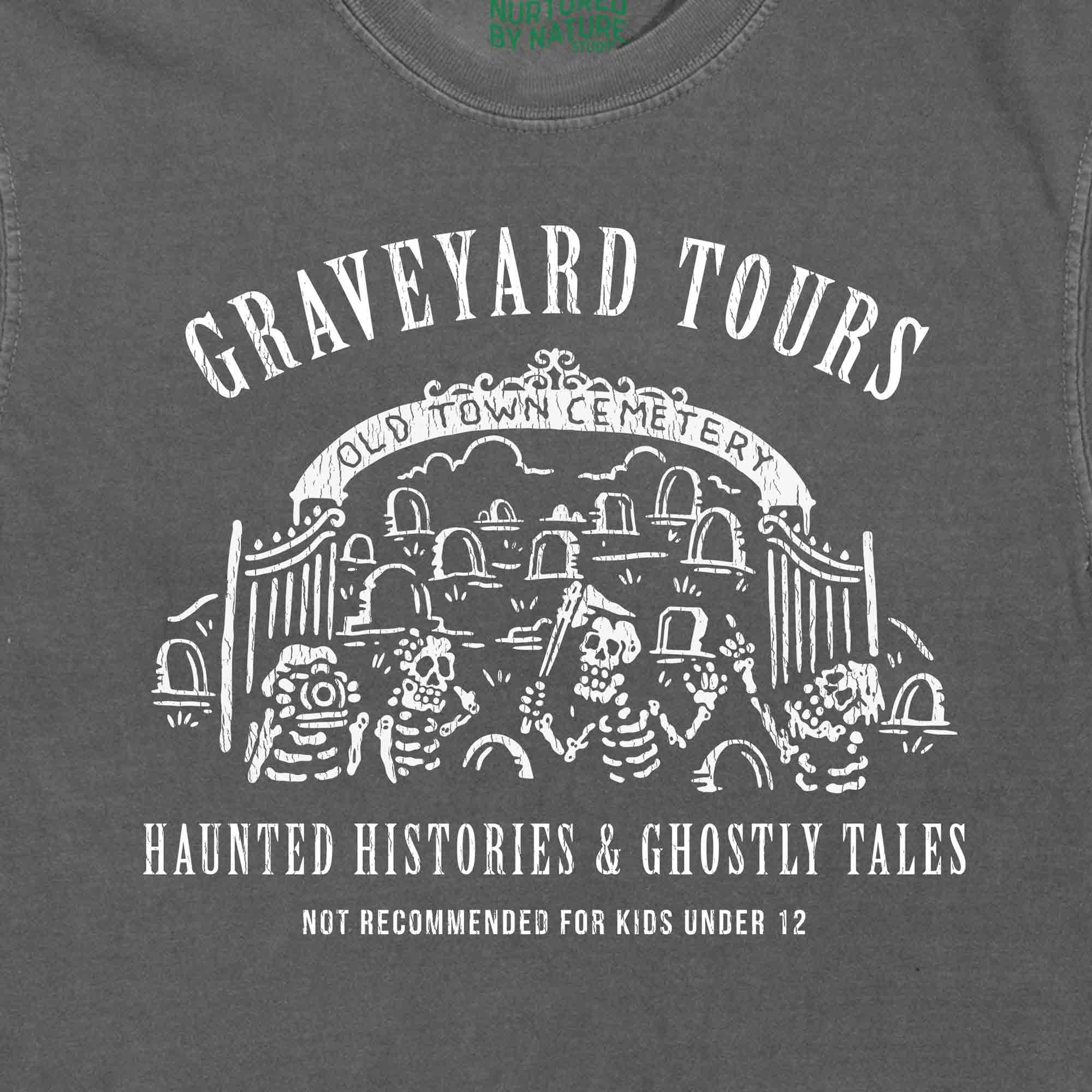 Graveyard Tours Cemetery Graphic T-Shirt with Skeleton Tourists by Nurtured by Nature Studio