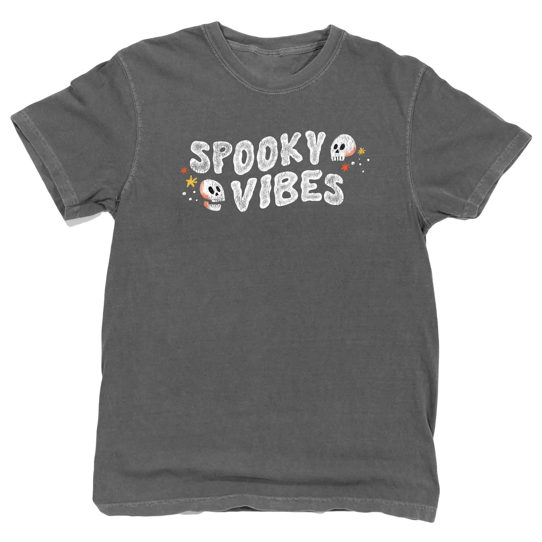 Spooky Vibes Halloween T-Shirt with Skulls on Vintage Washed Gray by Nurtured by Nature Studio