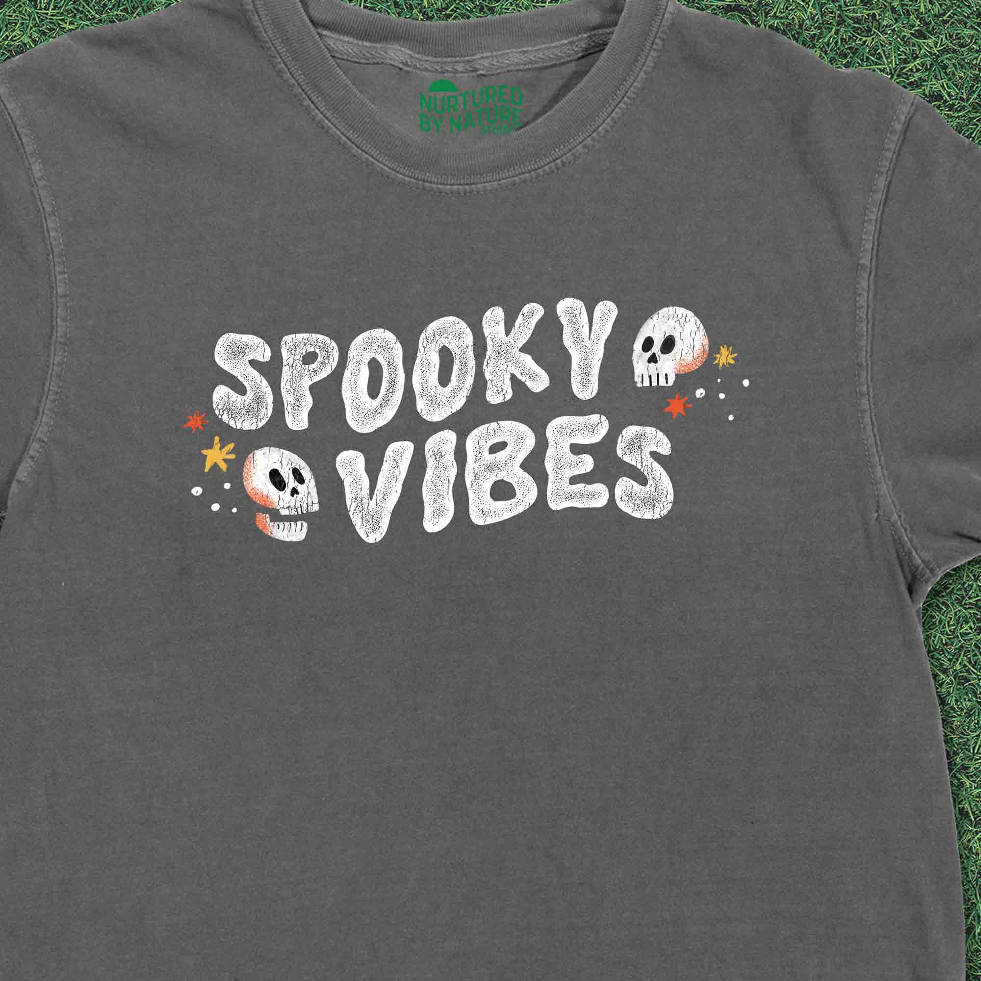 Spooky Vibes Halloween T-Shirt with Skulls on Vintage Washed Gray by Nurtured by Nature Studio